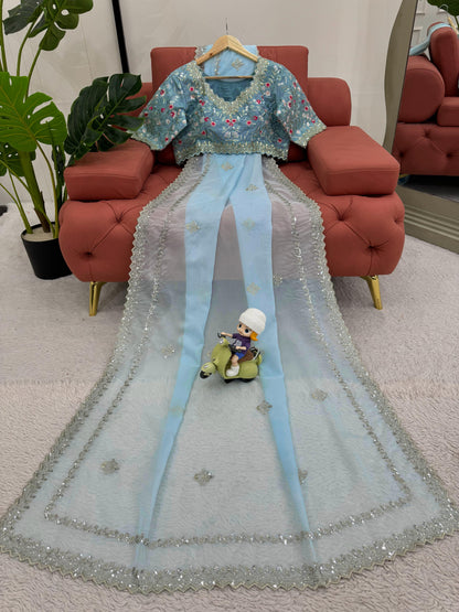 sky blue colour fancy partywear saree in silk fabric