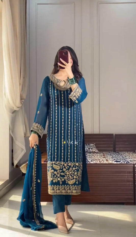 Blue Color Beautiful Partywear Dress IN Chinon Fabric
