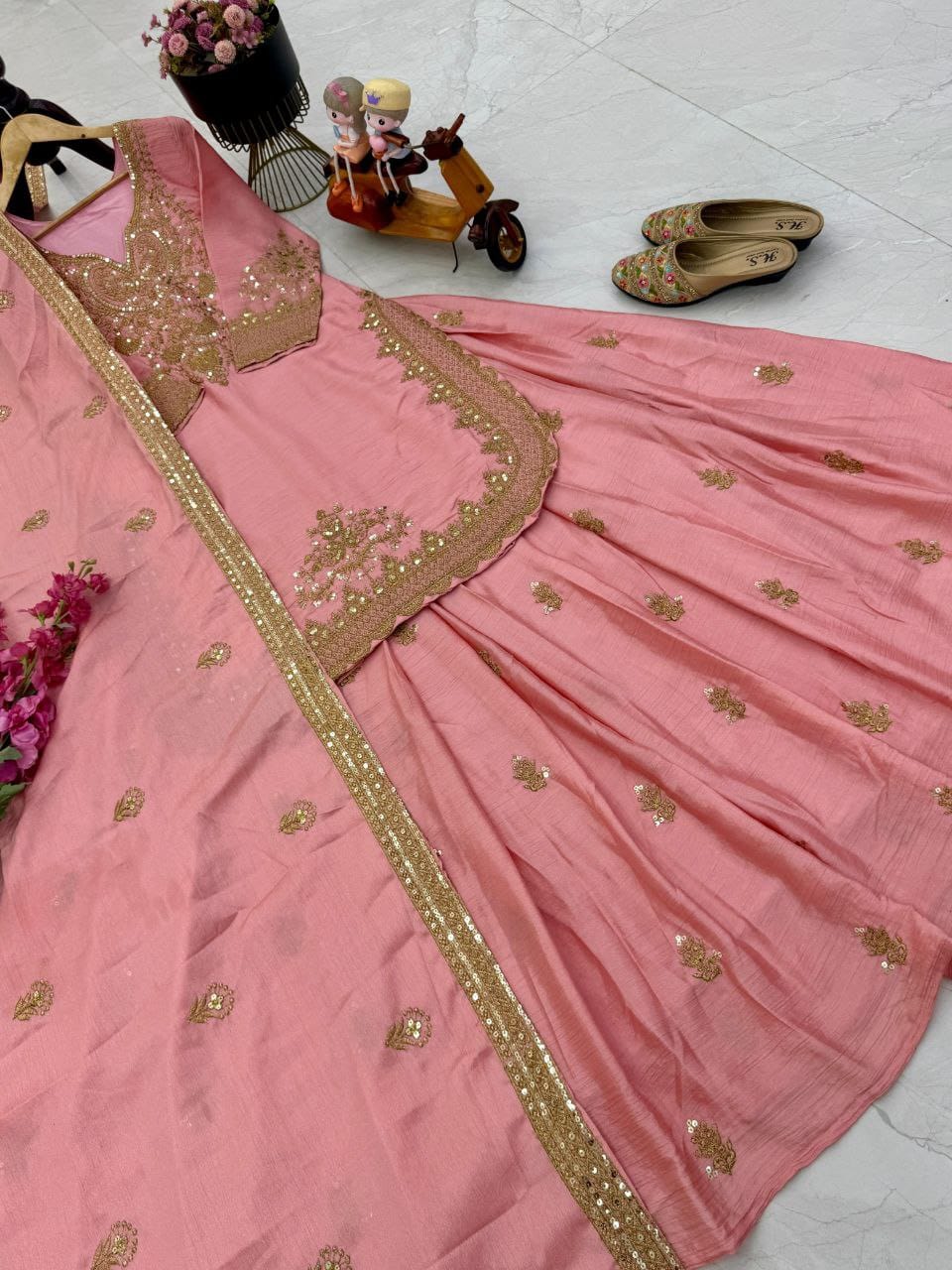 Pink Color Beautiful Sharara Suit in Chinon FAbric
