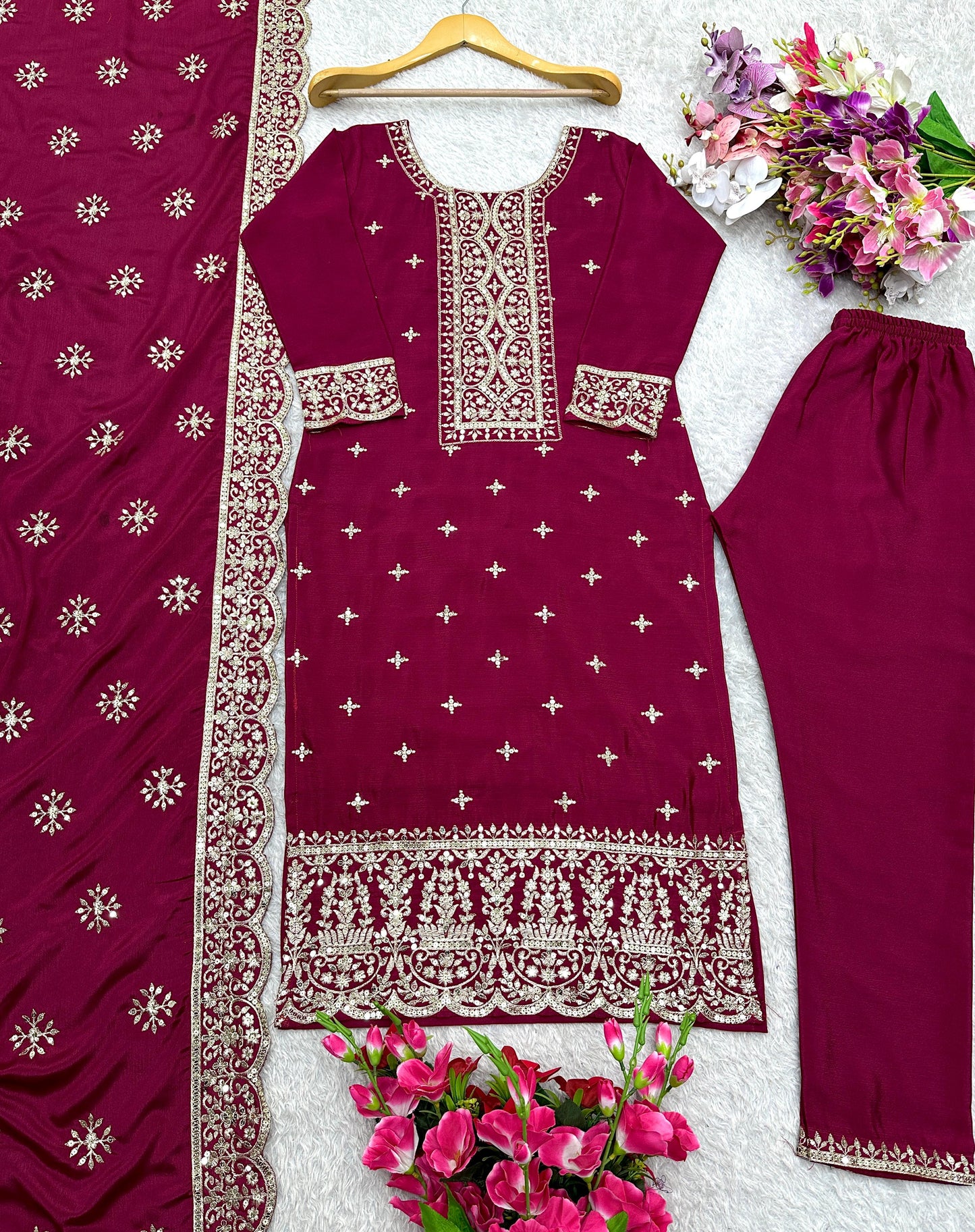 Vichitra Silk Top-Pent And Dupatta Set Fully Stitched Ready To Wear
