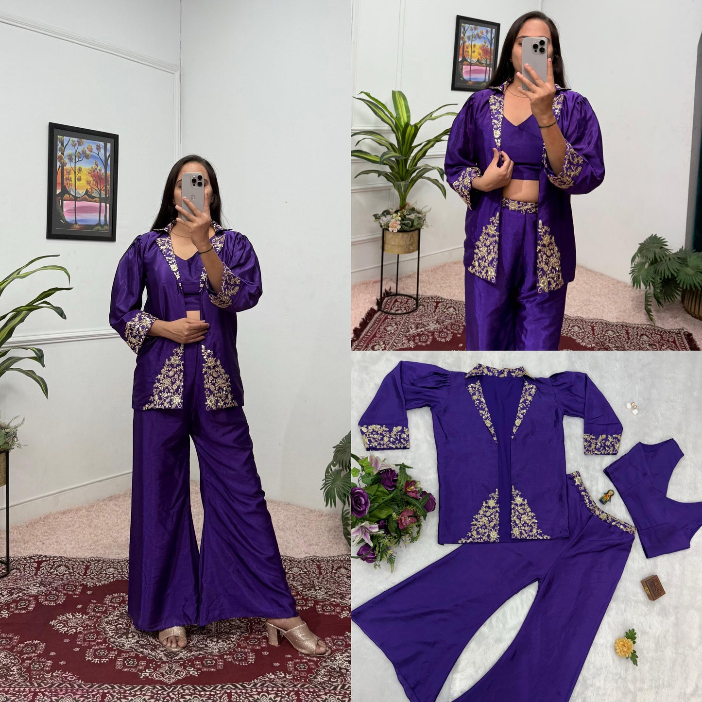 Trending Indo-Western Koti, Blouse & Plazzo With Embroidered Work