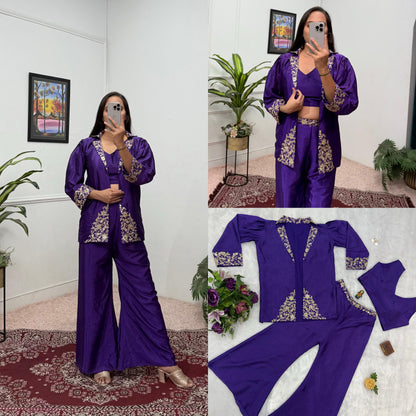 Trending Indo-Western Koti, Blouse & Plazzo With Embroidered Work