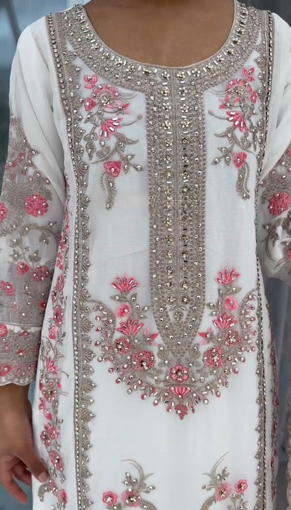 White color 3 Piece Stylish Kurti Dupatta With Beautiful Plazzo