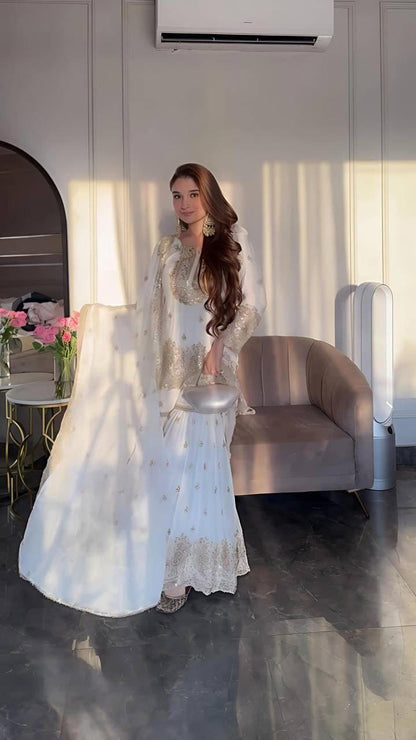 White Color Beautiful Sharara Suit in Silk Color
