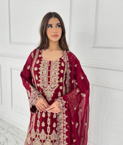 Maroon Red Color Beautiful Sharara Suit in Georgette Fabric