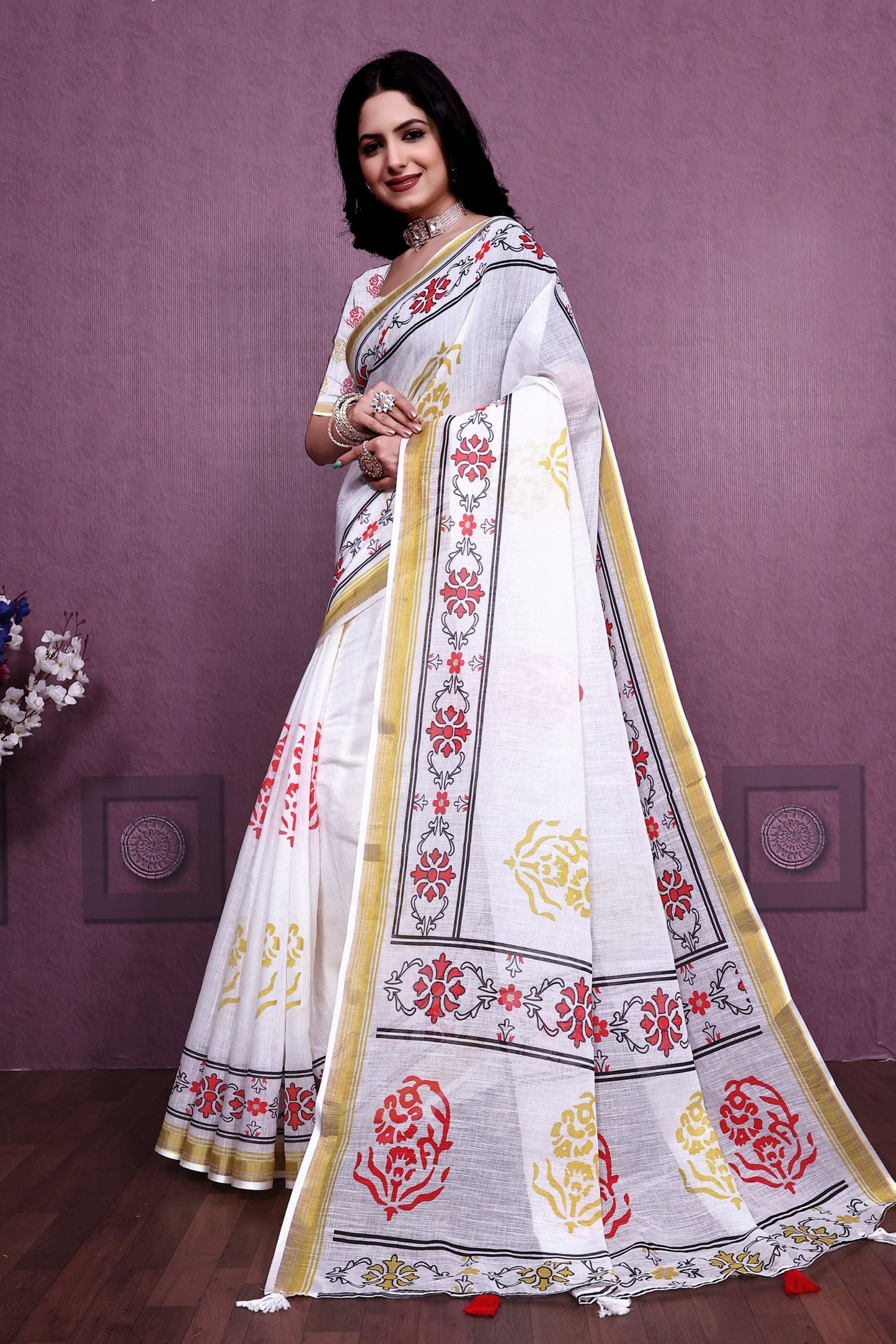 Off white color linen saree