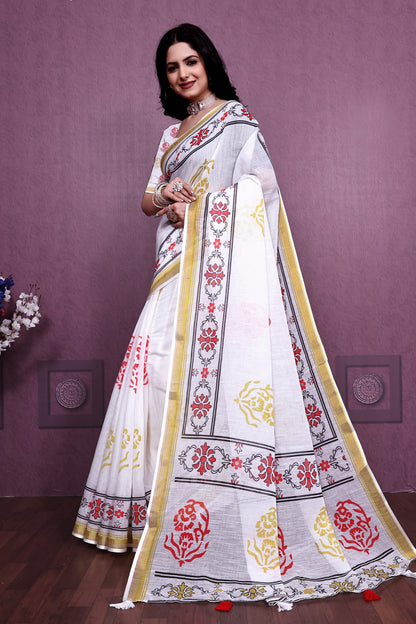 Off white color linen saree