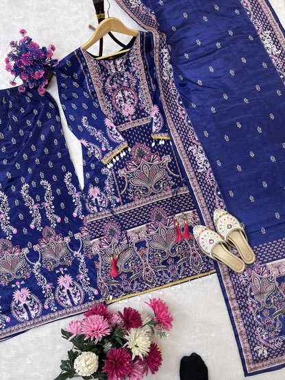 designer wear trending top with printed work with hand work with plazo and dupatta set
