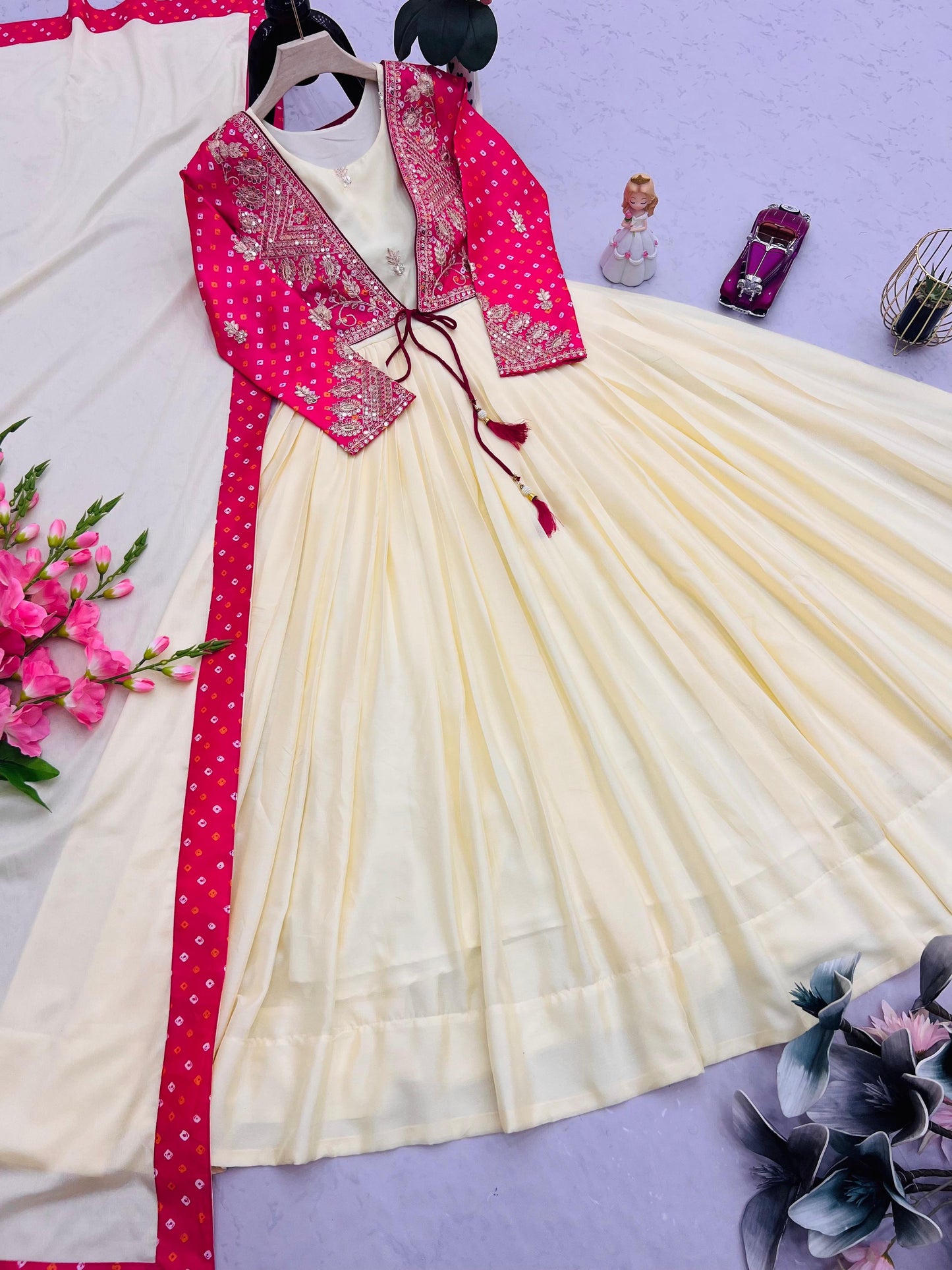 Designer Partywear Gown with koti in chinon silk fabric