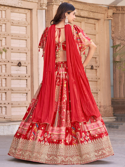 Red Color Beautiful Lehenga Choli in Chinon Silk Fabric