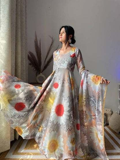 Party Wear Look Organza Taby Silk Gown With Dupatta Pant