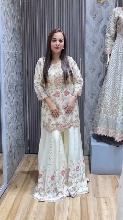 Fashionable Collection 3 Piece Fancy Kurti With Flared Plazzo And Dupatta