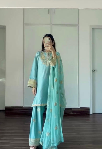 Designer Party Wear Look Pur Natural Crepe Top & Farshi Palazzo With Dupatta Set