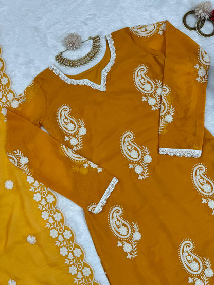 Suit On Tibby Silk Febric With Inner And Thred Work And Pent On Crep Febric And Dupatta
