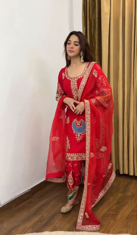 Red Color Beautiful Partywear Dress in Silk Fabric