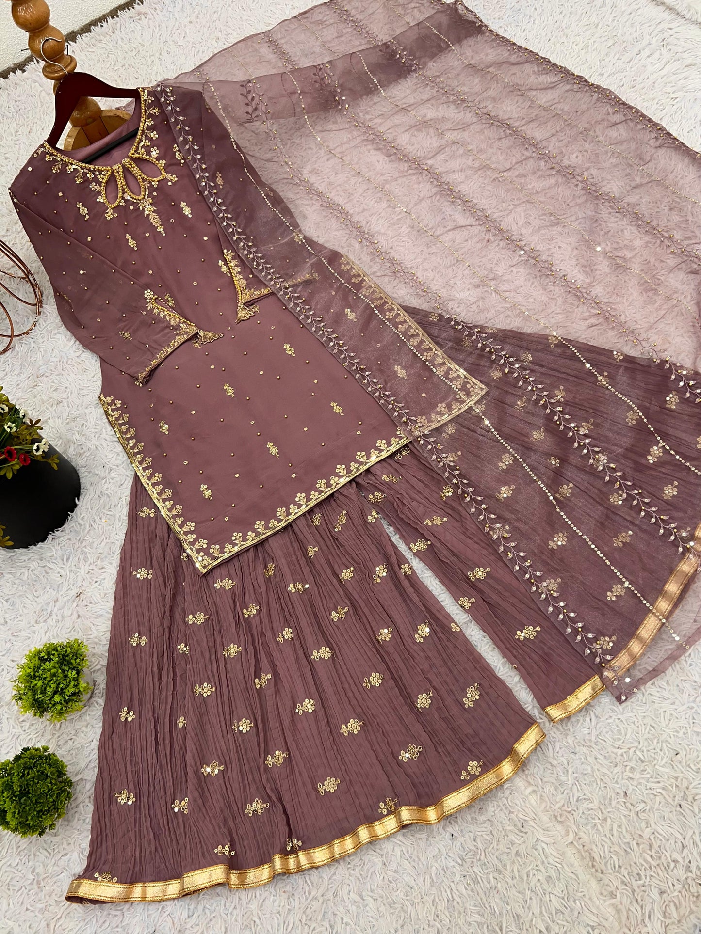 Georgette With Heavy Embroidery Sequence Work Top-Bottom And Dupatta Set