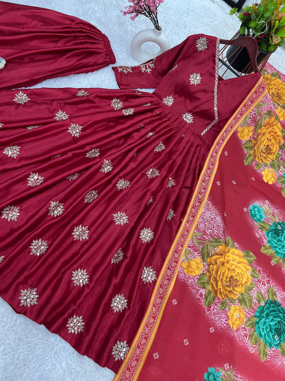 Purple Colour Beautiful Chinnon fabric With Embroidery Sequence Work Gown And Dupatta Set