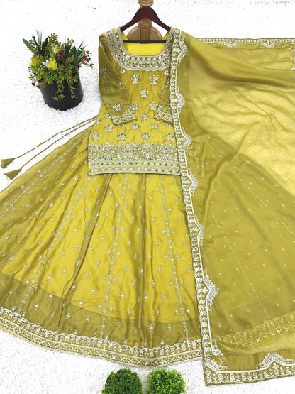 Yellow Color Beautiful Top Lehenga Dupatta Dress in Georgette Fabric