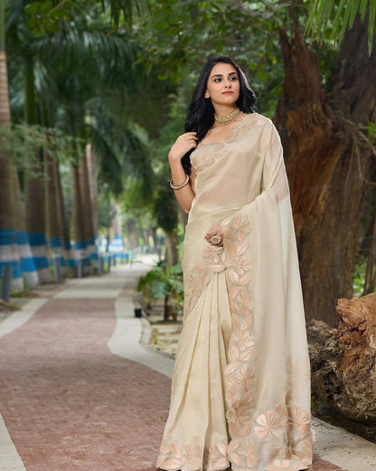 Beautiful White Cream color organza silk saree