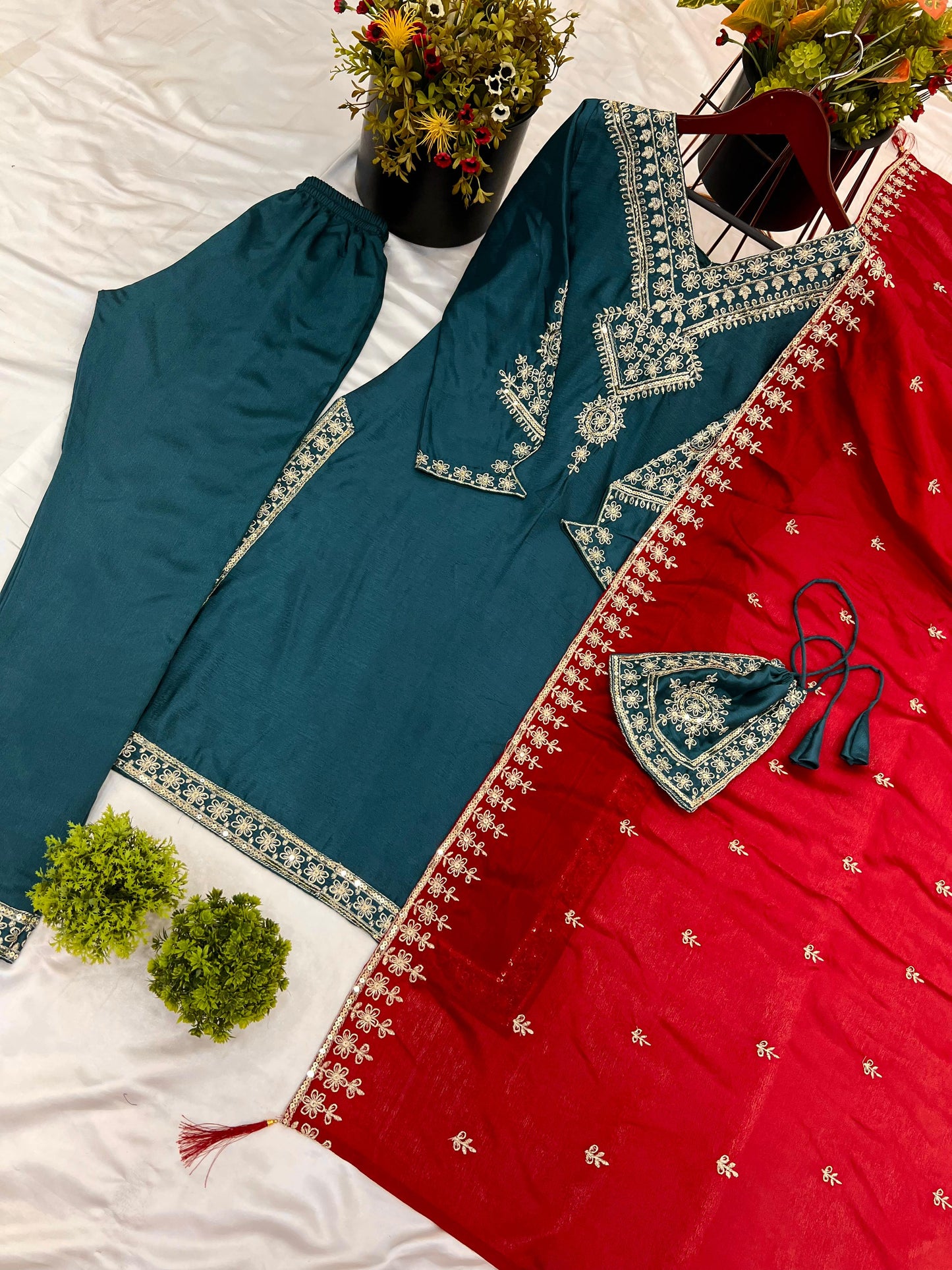 Festival Collection In Chinnon And Heavy Embroidery Sequence Work Top-Bottom And Dupatta Set