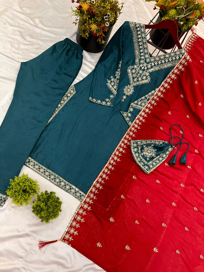 Festival Collection In Chinnon And Heavy Embroidery Sequence Work Top-Bottom And Dupatta Set