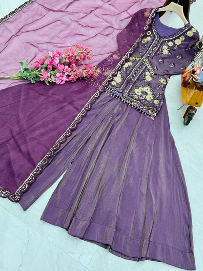 Designer Party Top Pallazo & Dupatta Set in purple color