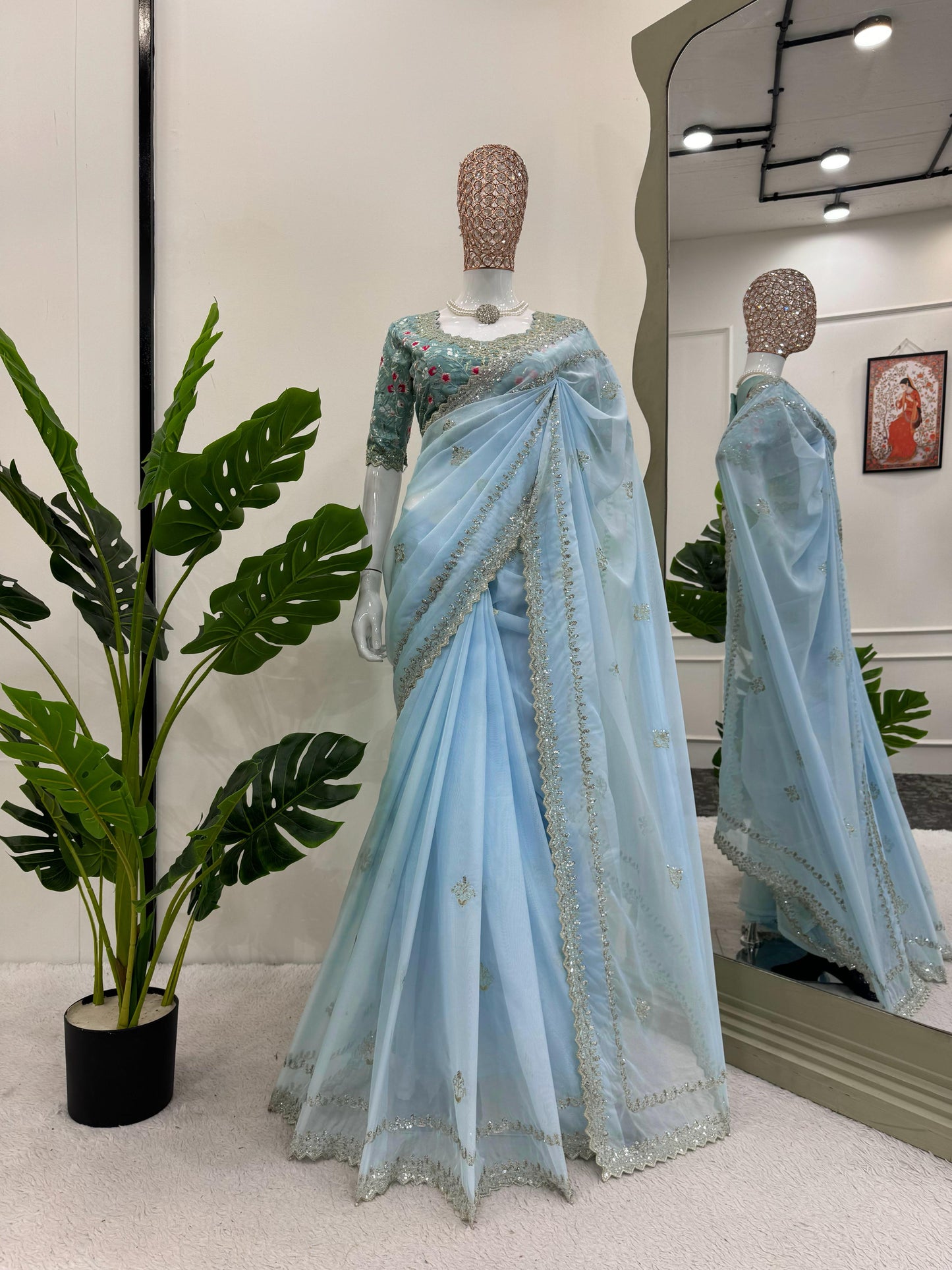 sky blue colour fancy partywear saree in silk fabric