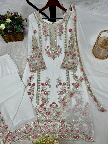 White color 3 Piece Stylish Kurti Dupatta With Beautiful Plazzo