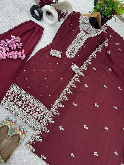 Chinnon And Heavy Embroidery Sequence Work Top-Bottom And Dupatta Set