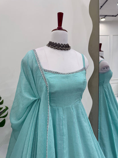 Sky BLue Color Beautiful Gown in Crush Silk Fabric