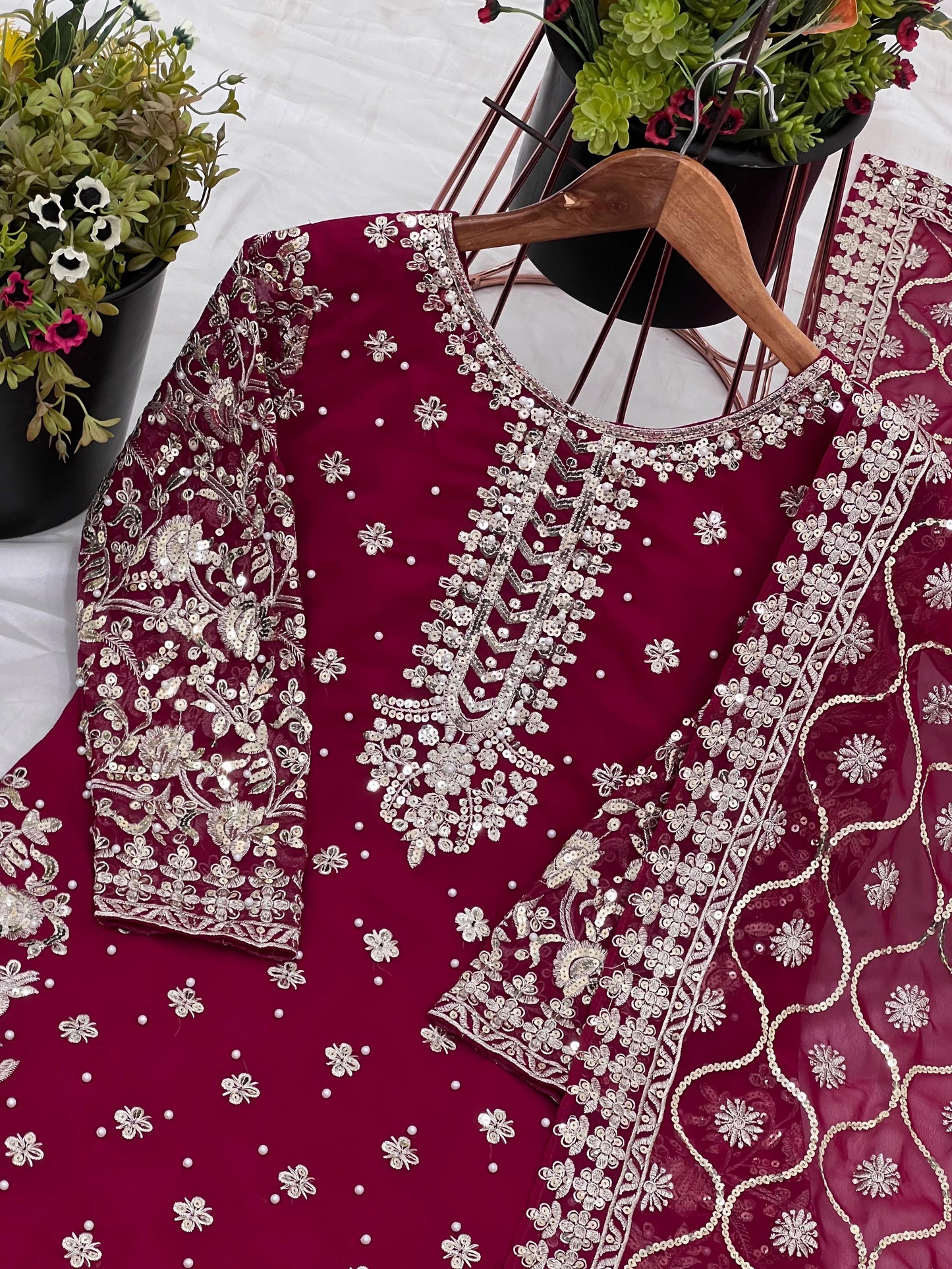 Red Color party wear look top-plazzo and dupatta with heavy embroidery work