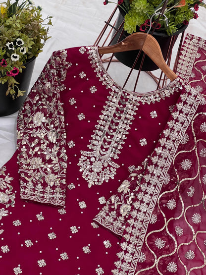 Red Color party wear look top-plazzo and dupatta with heavy embroidery work