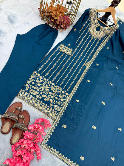 Blue Color Beautiful Partywear Dress IN Chinon Fabric