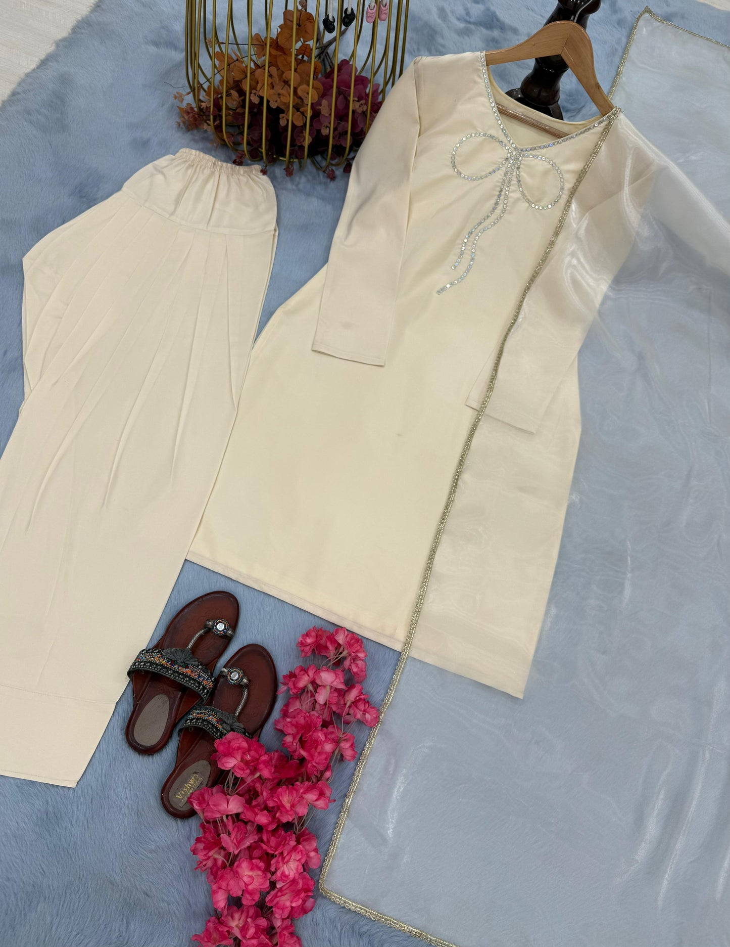 Đěsigner Party Wear Look Pur Natural Crepe Top & Palazzo With Dupatta Set