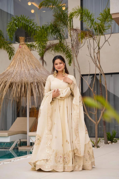 Beautiful Designer Gown On Chinon Silk Febric With Inner And Coding With Sequnce Work And Dupatta