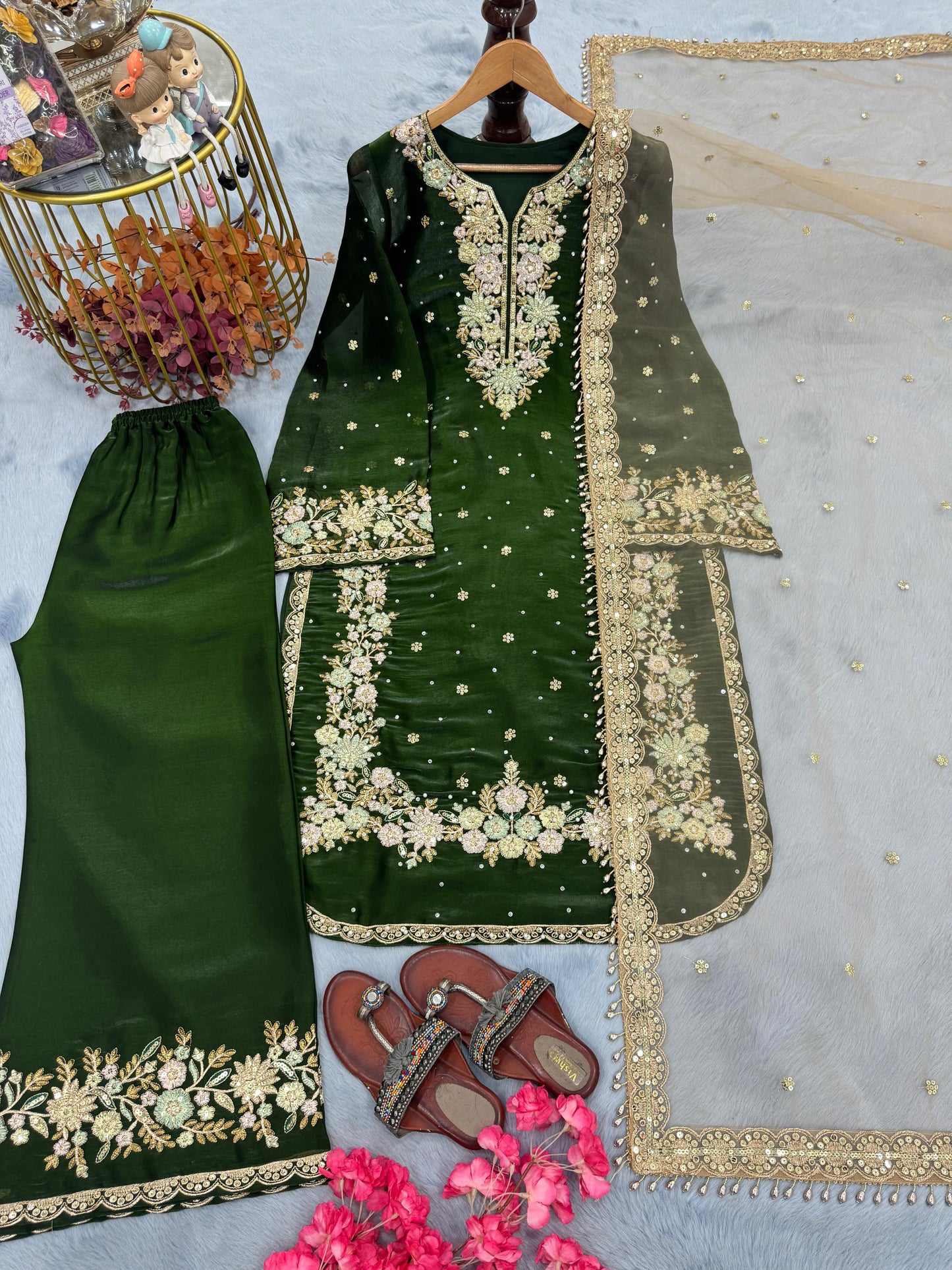 green Color Beauitful Partywear DRess in Jimmi Choo fabric
