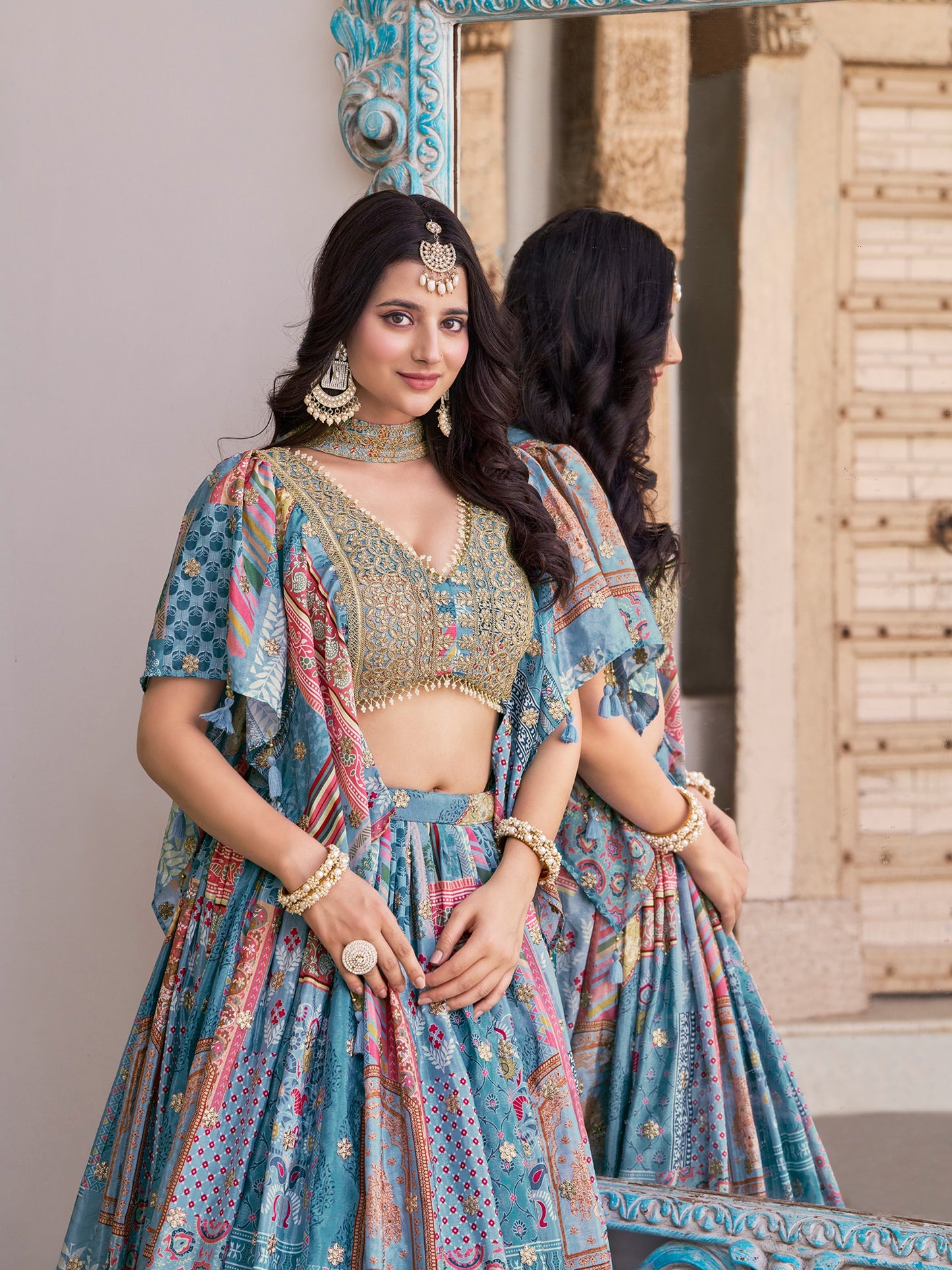 Sky Blue Color Beautiful Lehenga Choli in Chinon Silk Fabric