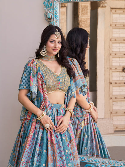 Sky Blue Color Beautiful Lehenga Choli in Chinon Silk Fabric