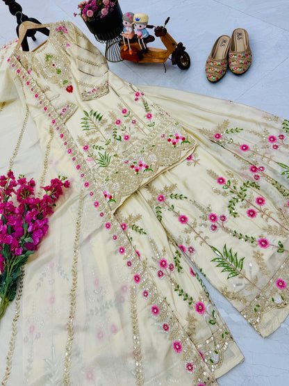 designer party sharara suit & dupatta set in cream white color