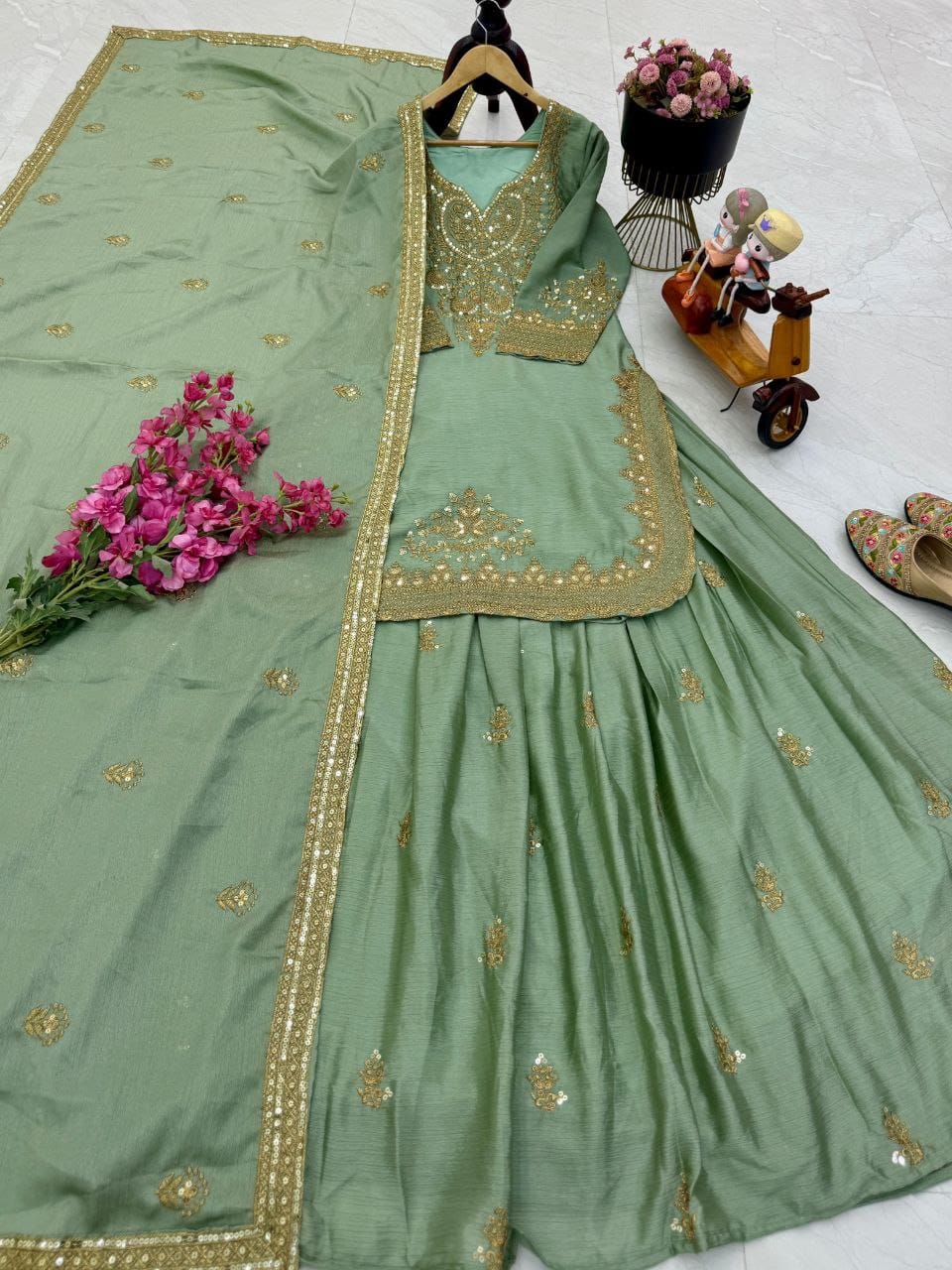 Green Color Beautiful Sharara Suit in Chinon FAbric