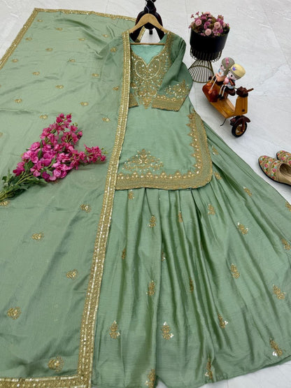 Green Color Beautiful Sharara Suit in Chinon FAbric