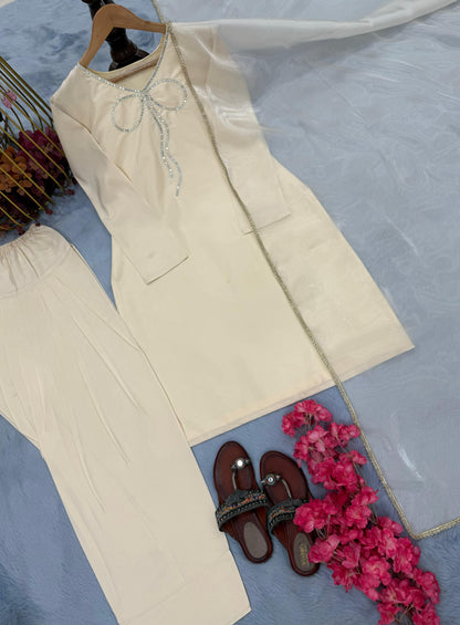 Đěsigner Party Wear Look Pur Natural Crepe Top & Palazzo With Dupatta Set