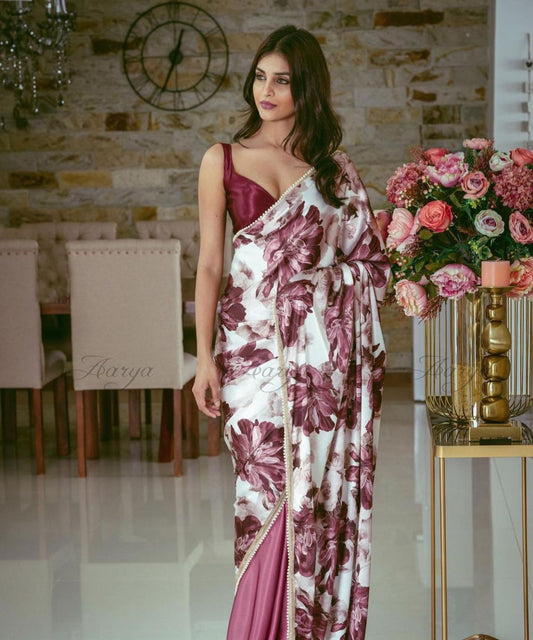 Half Half Satin Saree Collection With Beautiful Flower Print