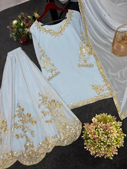 Sky BLue Color Beautiful 3 Piece Kurti With Sharara And Dupatta
