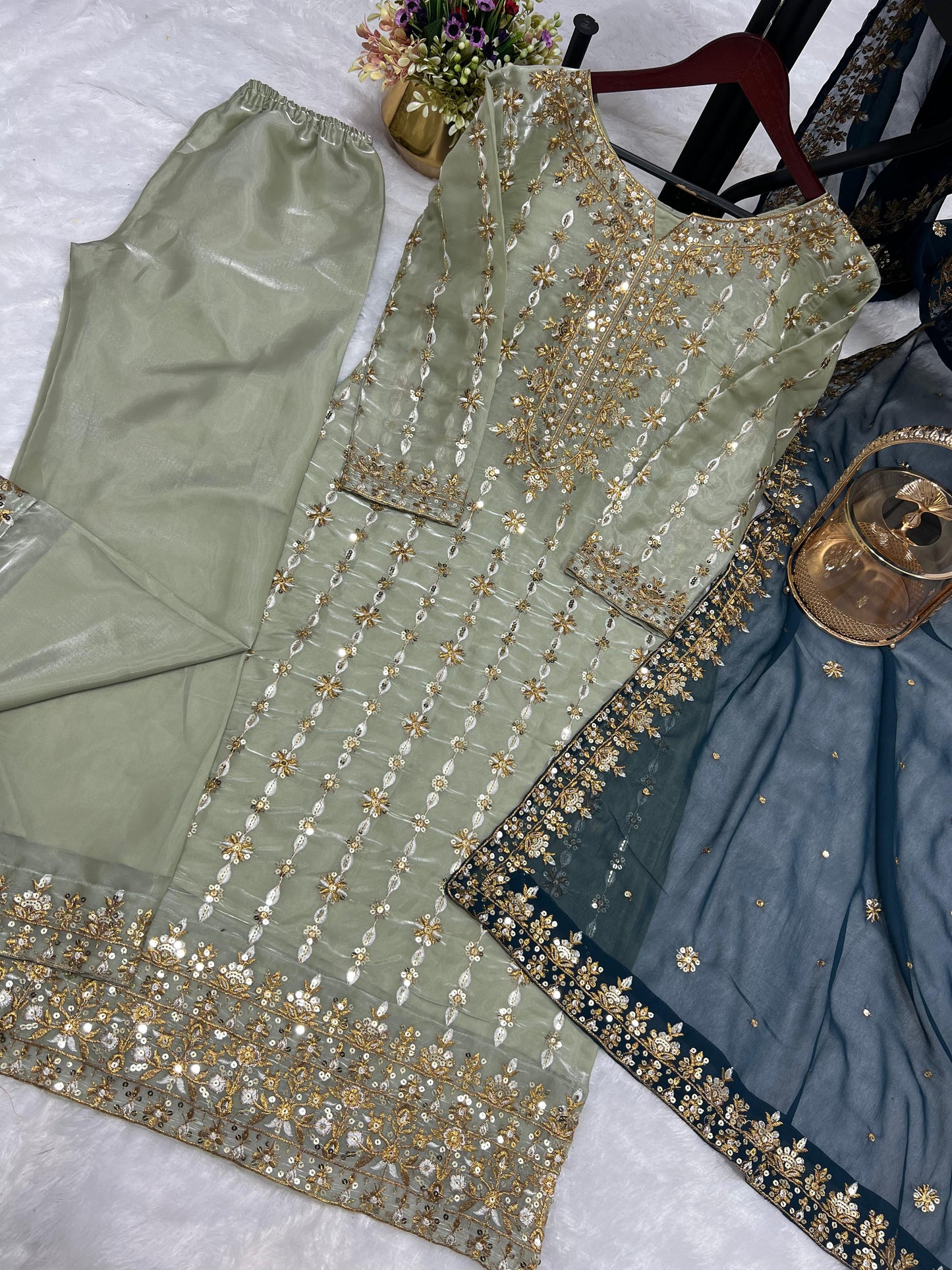 3 Piece Stylish Kurti, Bottom And Dupatta With Beautiful Embroidery Sequence Work
