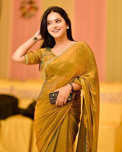 Golden Color Beautiful Partywear Saree