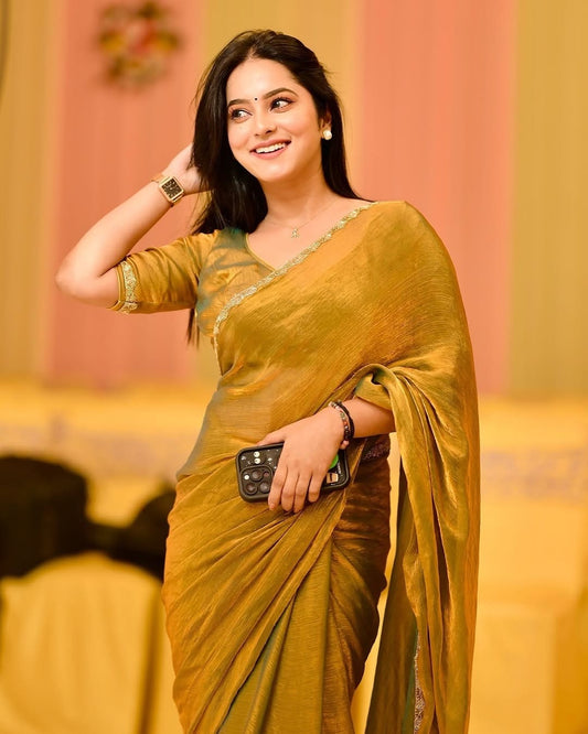 Golden Color Beautiful Partywear Saree