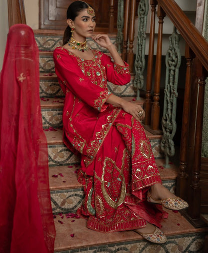 Red Color Beautiful Plazo Dress in Chinon Fabric