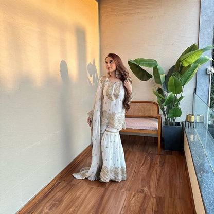 White Color Beautiful Sharara Suit in Silk Color