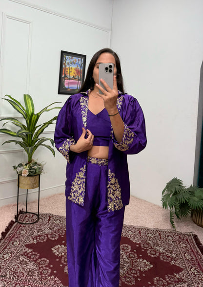 Trending Indo-Western Koti, Blouse & Plazzo With Embroidered Work